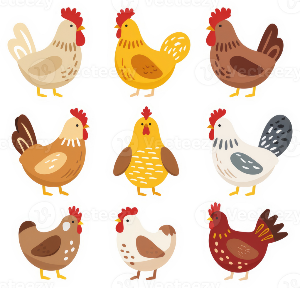 Assorted farm fowl illustrations in various colors. png