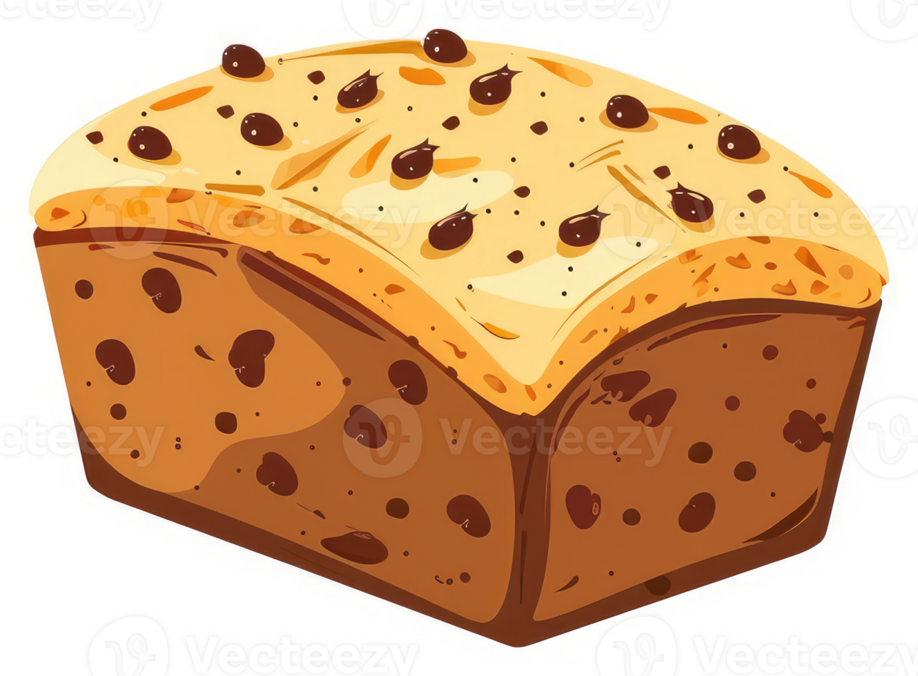 A delicious loaf of chocolate chip bread with a sweet icing topping. png