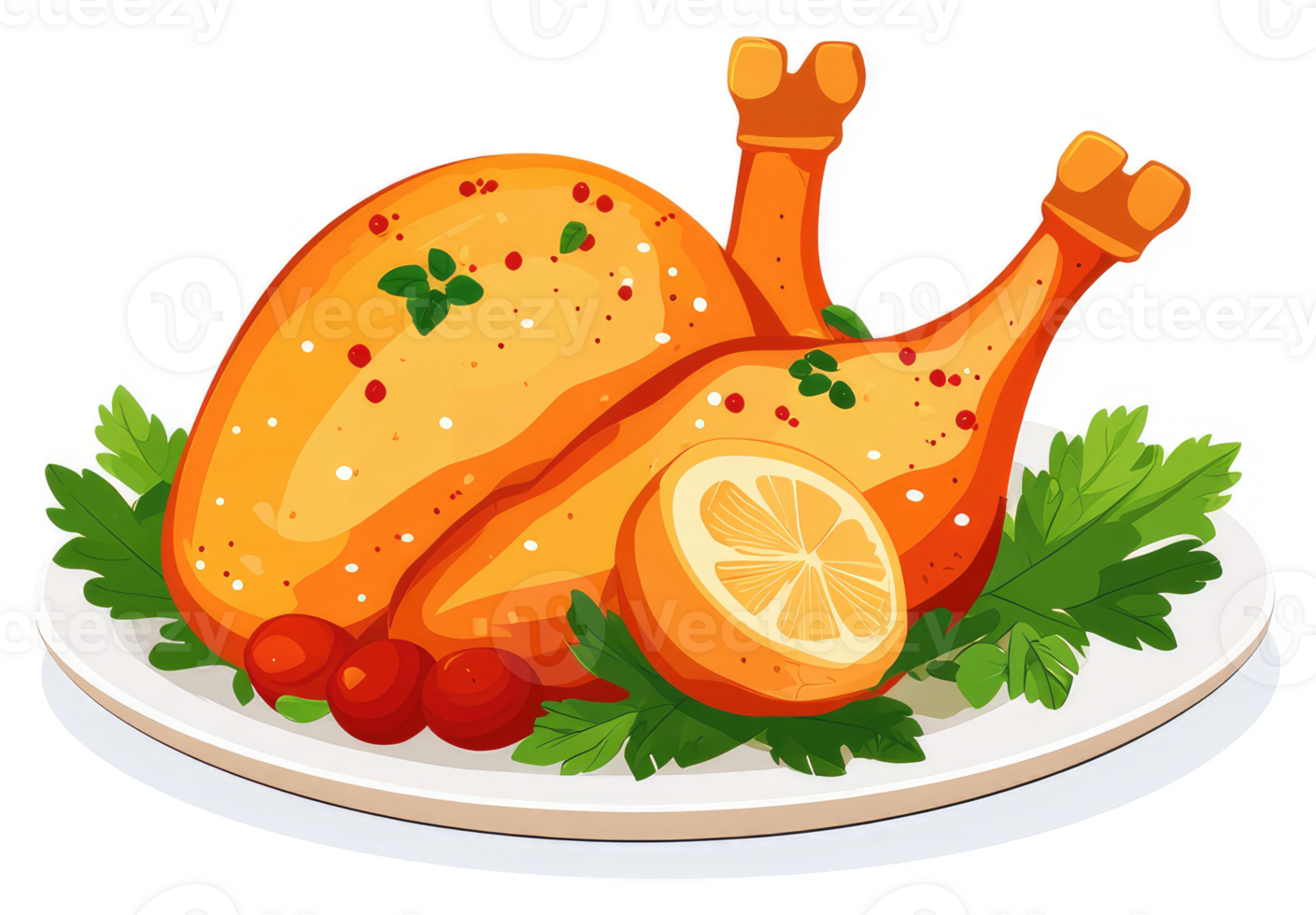 Roasted chicken with lemon and herbs on a plate. png