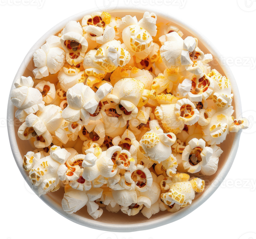 A close-up view of a bowl full of fluffy popcorn. png