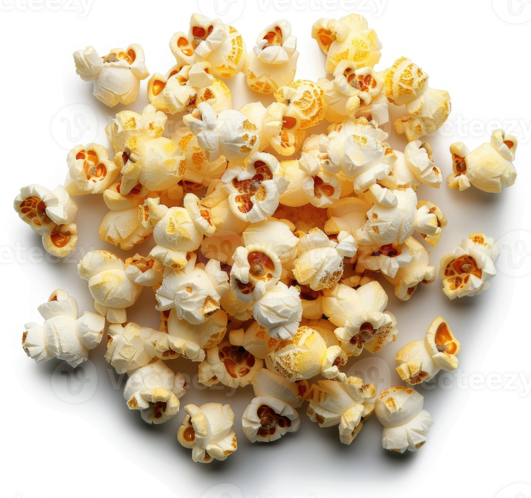 A pile of fluffy, golden popcorn kernels scattered on a white surface. png