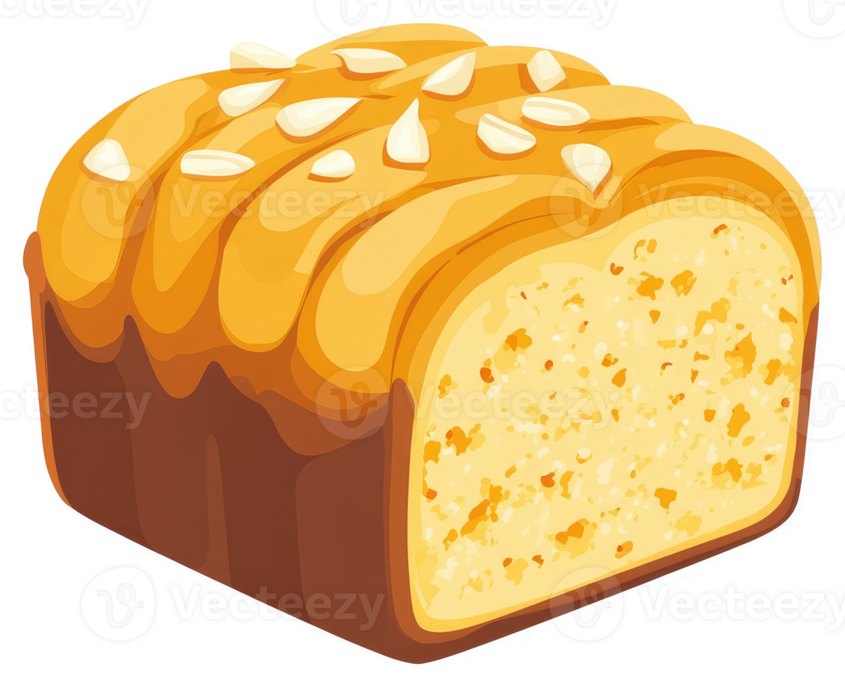 A slice of golden, topped loaf of sweet bread. png
