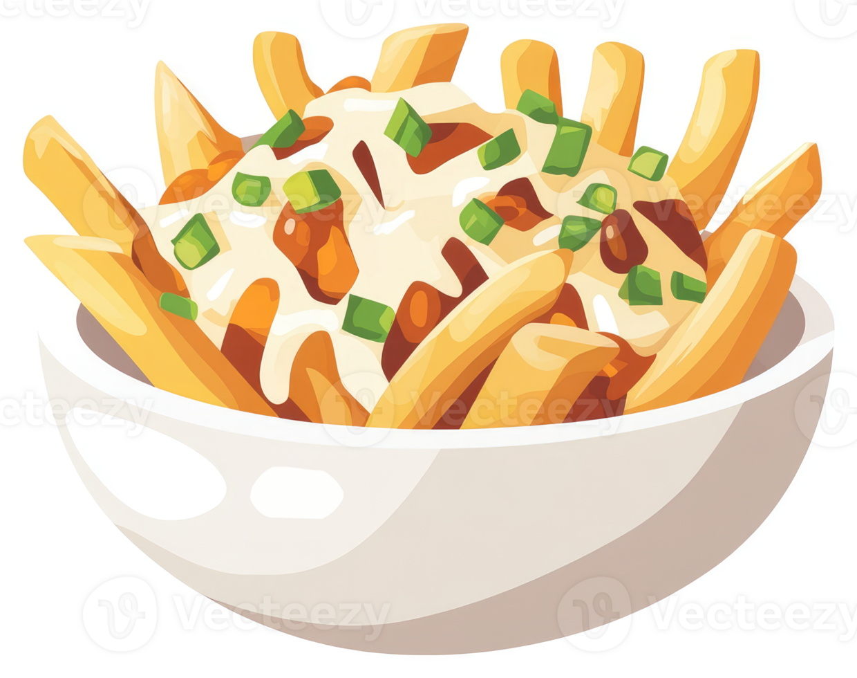 A bowl of poutine, french fries topped with a creamy cheese sauce and savory meat. png