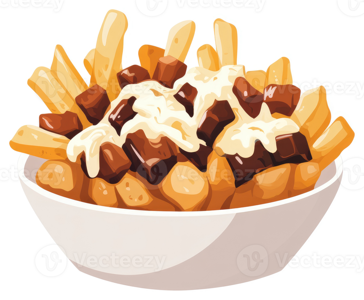 A hearty poutine dish with french fries, gravy, and cheese curds. png