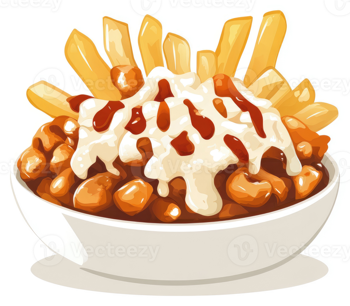 A bowl of savory poutine with french fries, beans, and creamy sauce. png