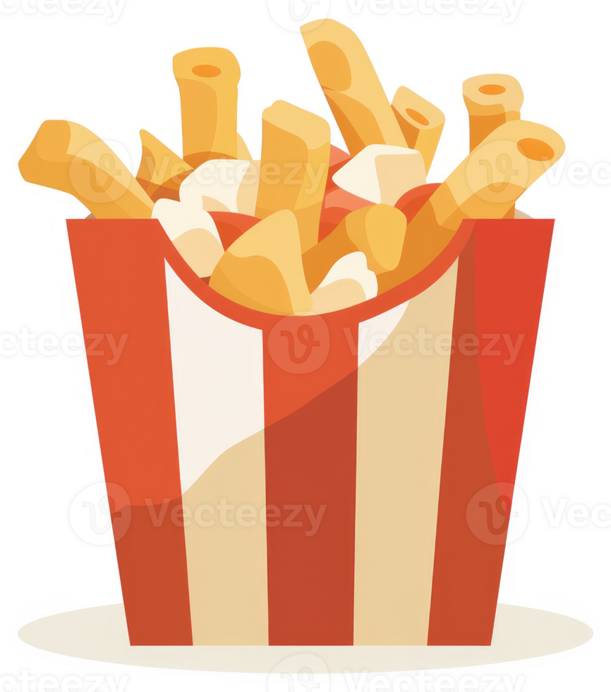 A paper container filled with golden french fries topped with creamy sauce. png