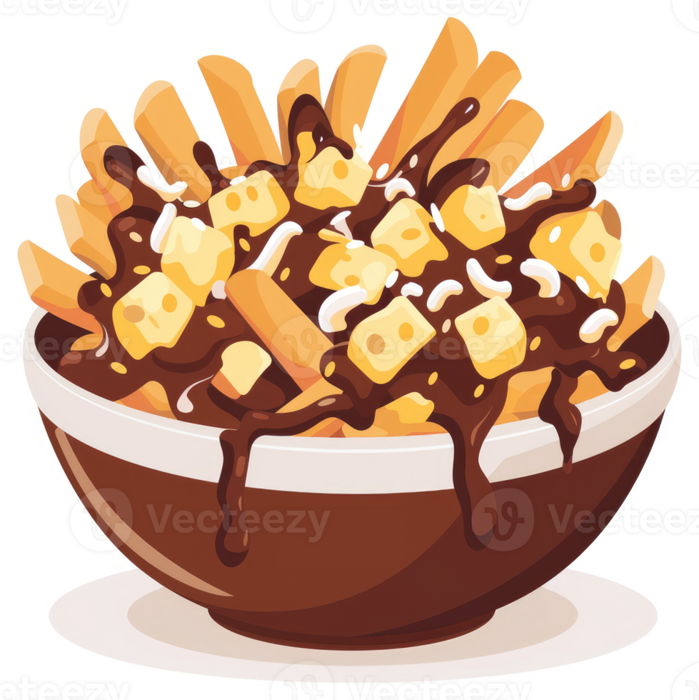 A bowl of poutine, featuring french fries, cheese curds, and brown gravy. png