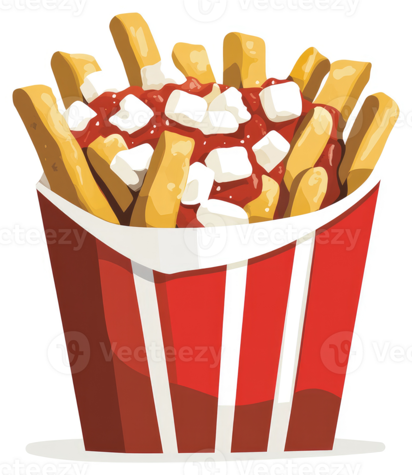A carton of poutine, featuring french fries topped with gravy and cheese curds. png