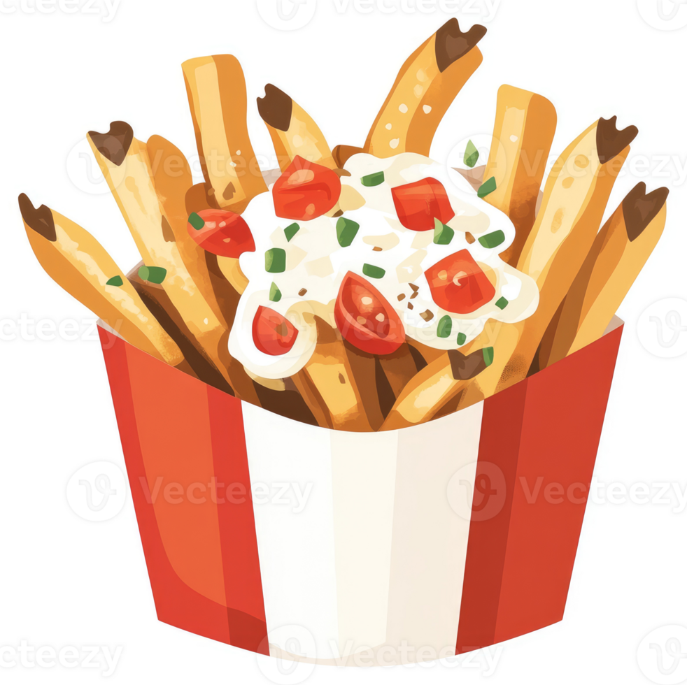 A box of crispy french fries topped with creamy sauce, cherry tomatoes, and herbs. png