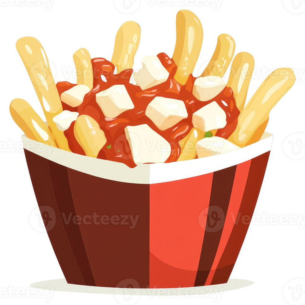A generous portion of poutine, featuring french fries, cheese curds, and a savory gravy. png