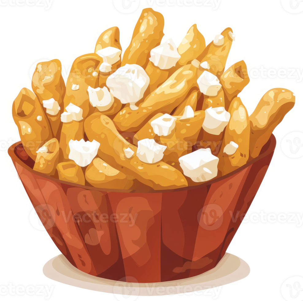 A hearty portion of poutine fries topped with melted cheese curds. png