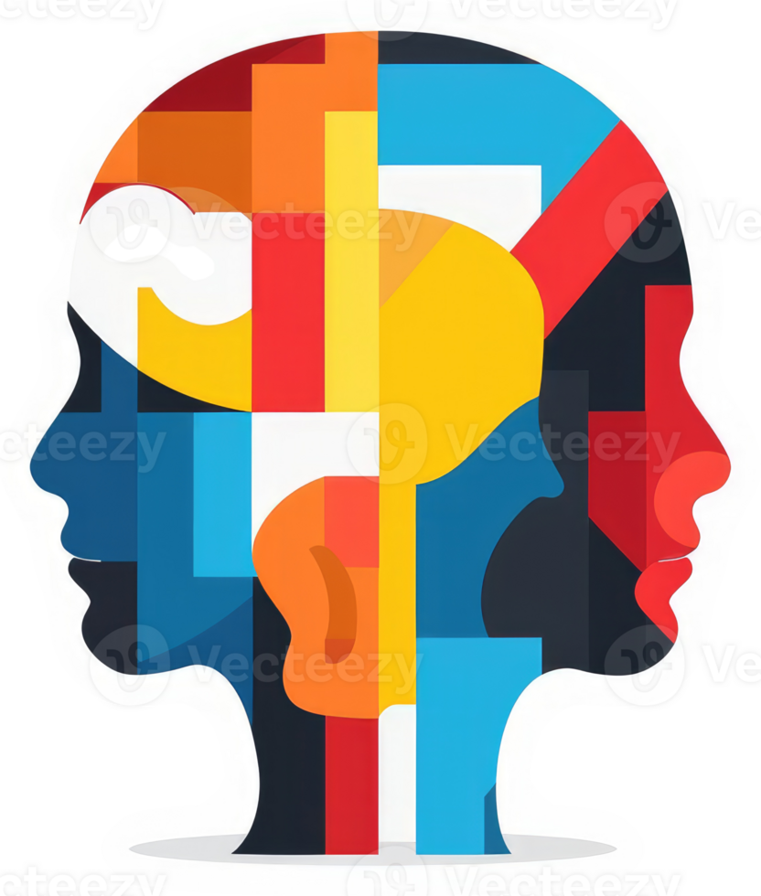 A colorful abstract representation of a multifaceted human head. png