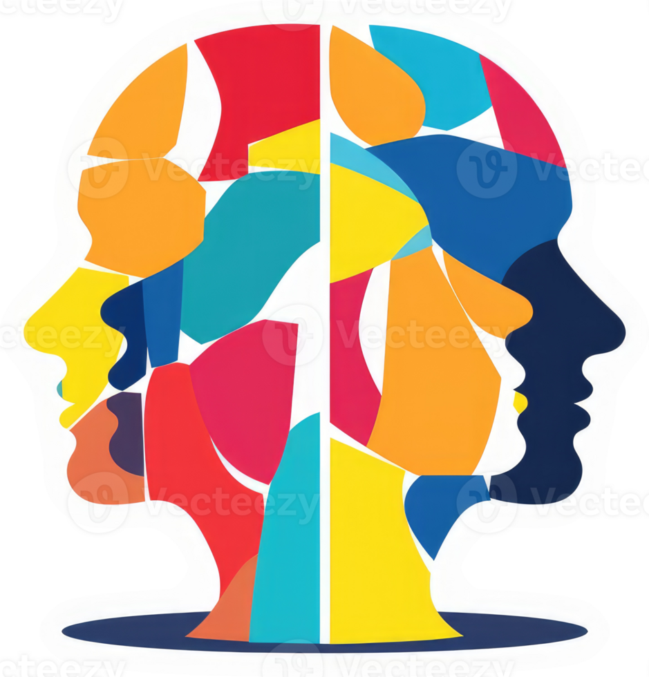 A colorful mosaic of interconnected faces symbolizes the complexity of human personalities. png
