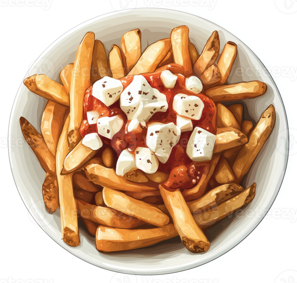 A plate of poutine with golden french fries, mozzarella cheese, and tomato sauce. png