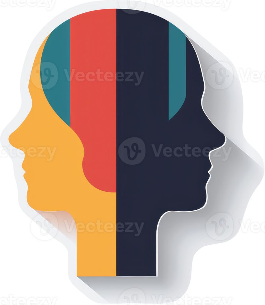 A colorful profile of a head, divided into contrasting colors, symbolizing duality. png
