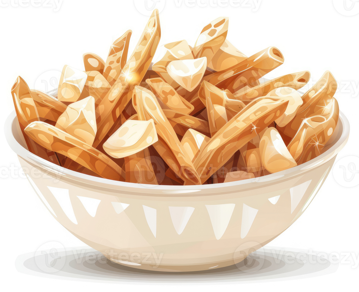 A bowl of crispy poutine fries topped with melted cheese curds. png