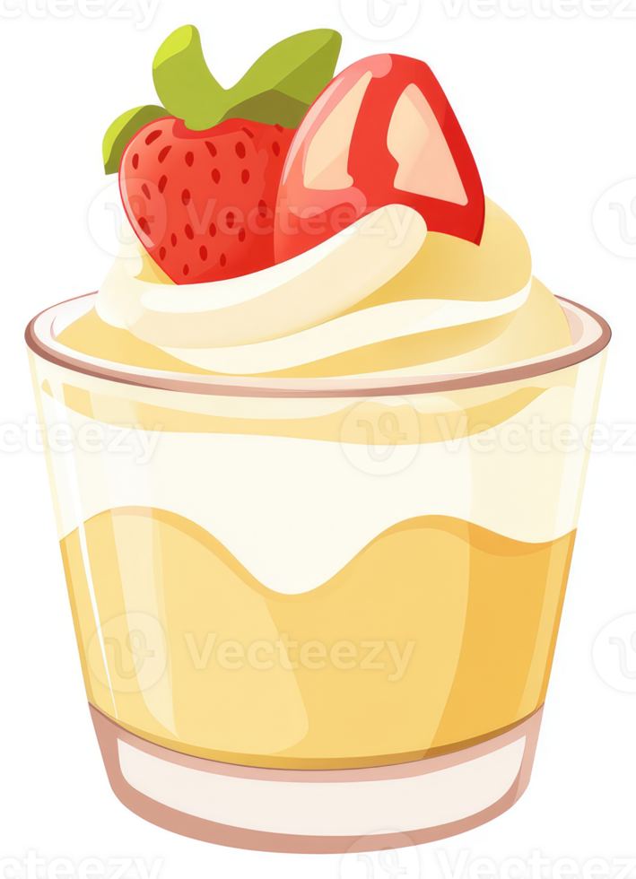 A delicious glass dessert topped with whipped cream and fresh strawberries. png
