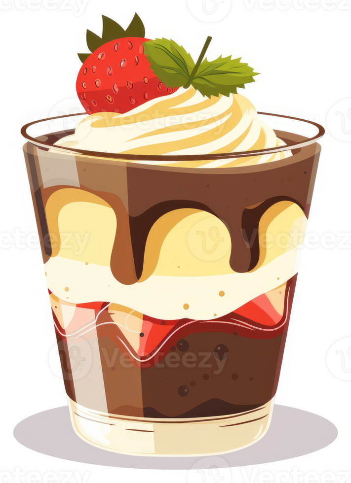 A layered dessert in a glass, topped with whipped cream and a strawberry. png
