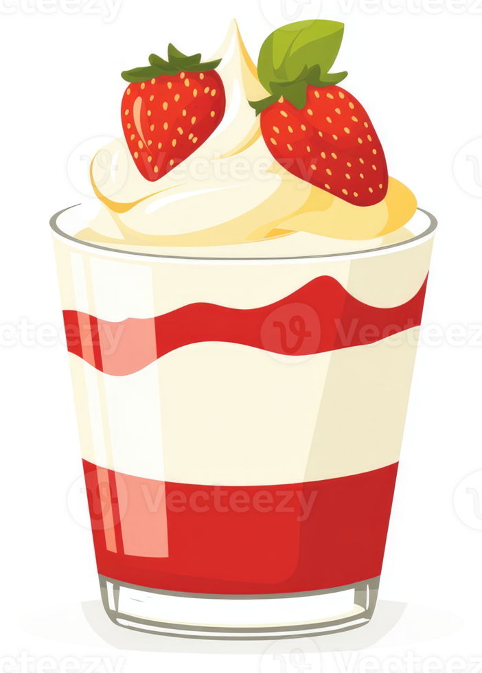 A glass of layered strawberry dessert with whipped cream topping. png