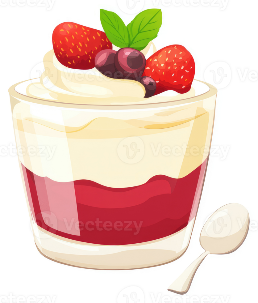 A delicious dessert parfait layered with creamy custard, fruity jam, and fresh berries. png