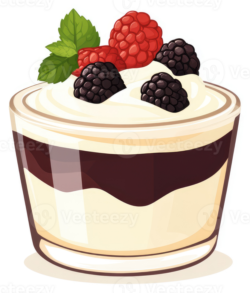 A layered dessert glass with whipped cream, berries, and chocolate. png