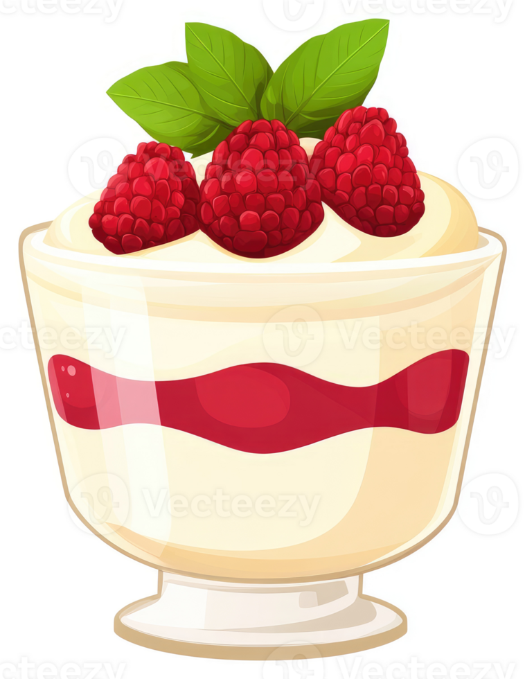 A delightful glass dessert with raspberries and red sauce. png
