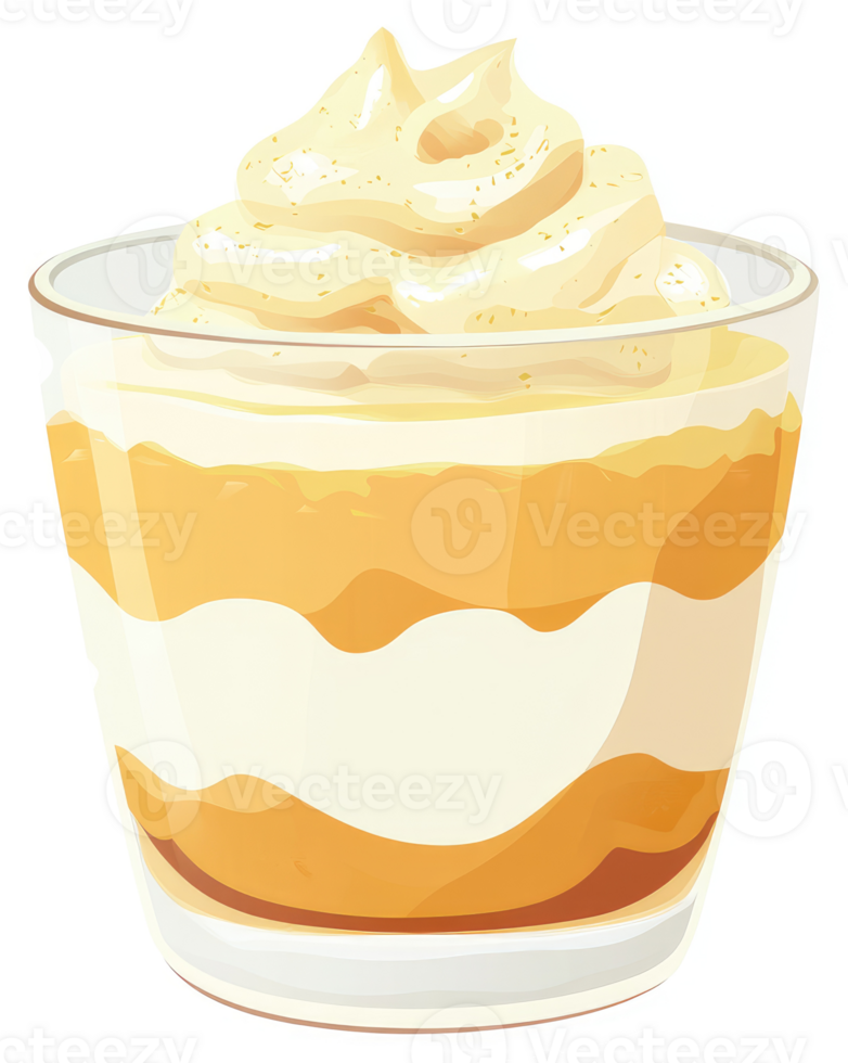 A layered dessert parfait glass with whipped cream topping. png
