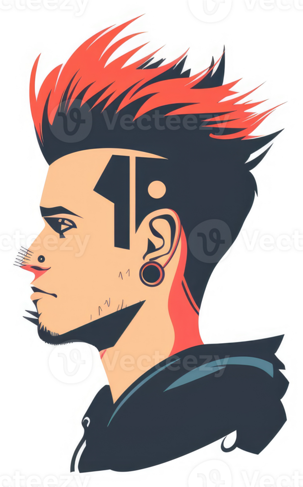 Stylish man with a vibrant mohawk and unique accessories. png