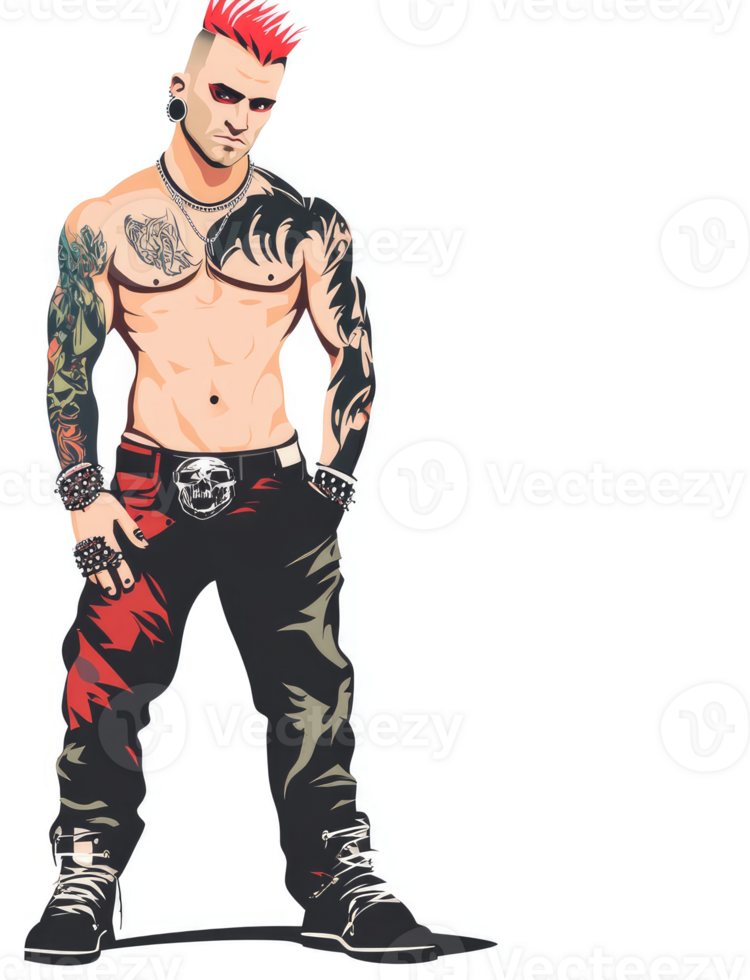 A muscular, tattooed punk rock male figure in stylish attire. png