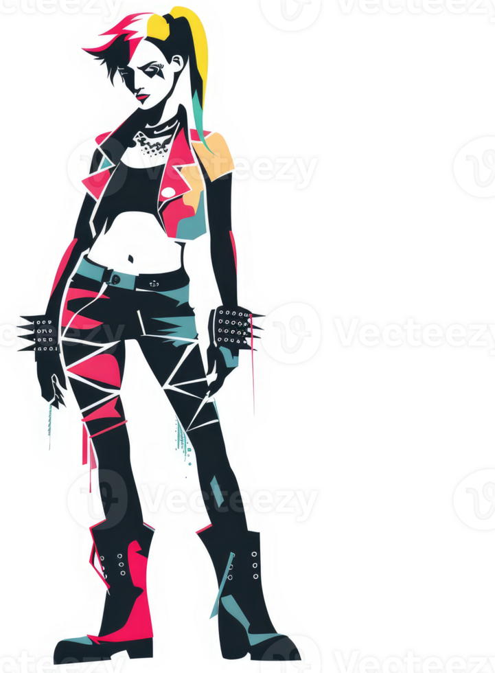 A stylized illustration of a female character in a rock and roll aesthetic. png