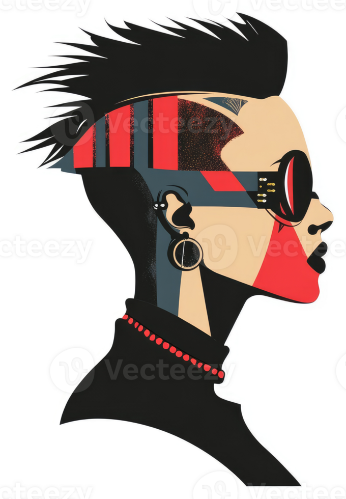 Bold, stylized portrait of a woman with punk-inspired fashion and futuristic elements. png