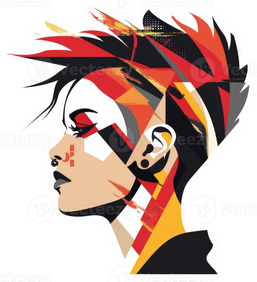 A vibrant portrait of a stylized woman with bold, abstract features. png