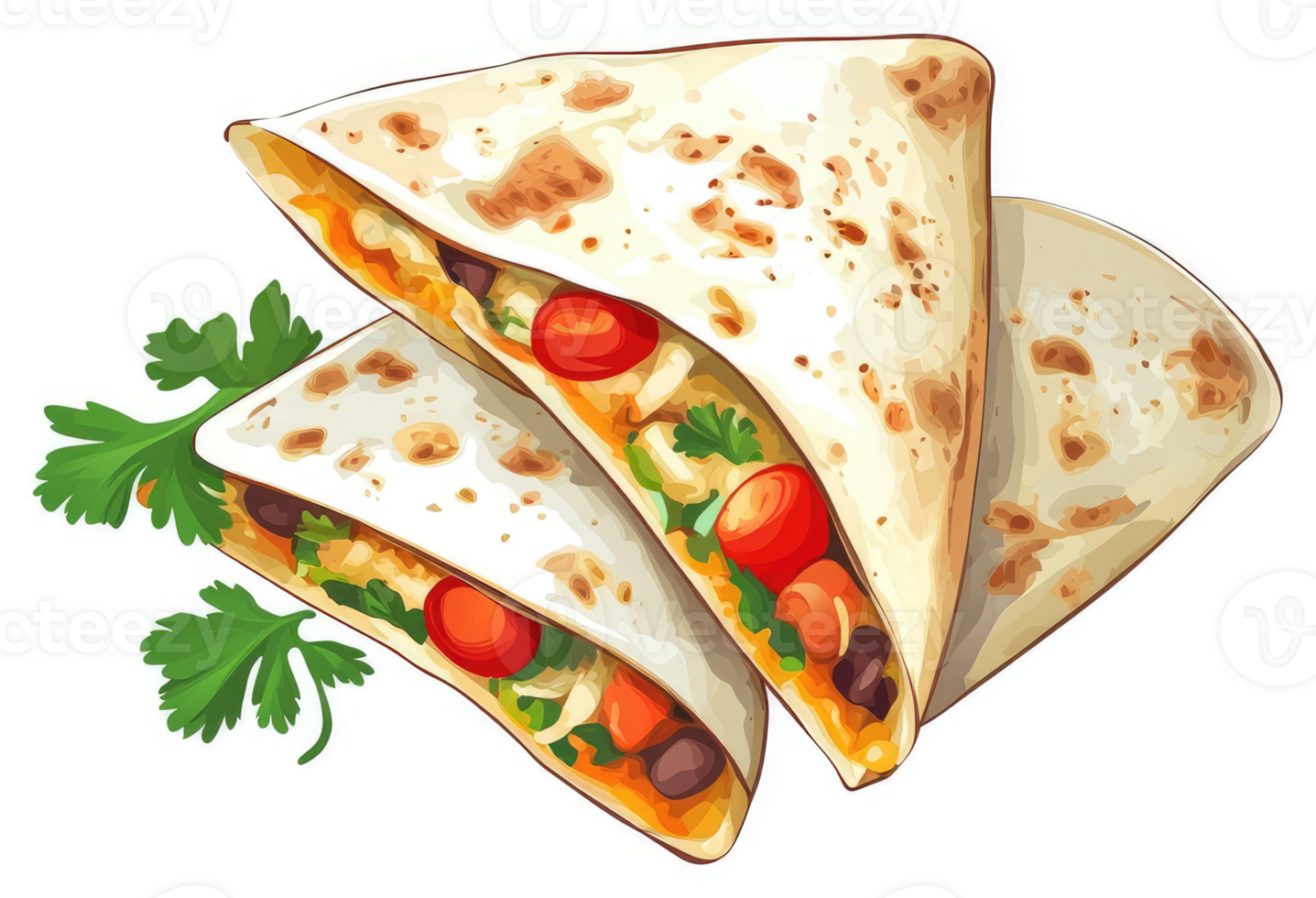 Three delicious quesadillas piled high with colorful fillings. png