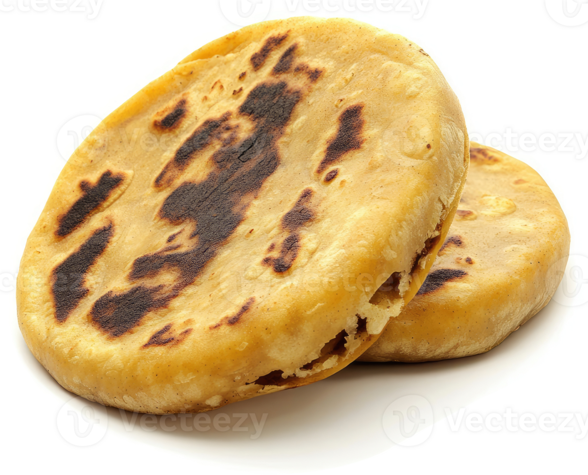 Two golden, slightly charred, traditional pupusas displayed close-up. png