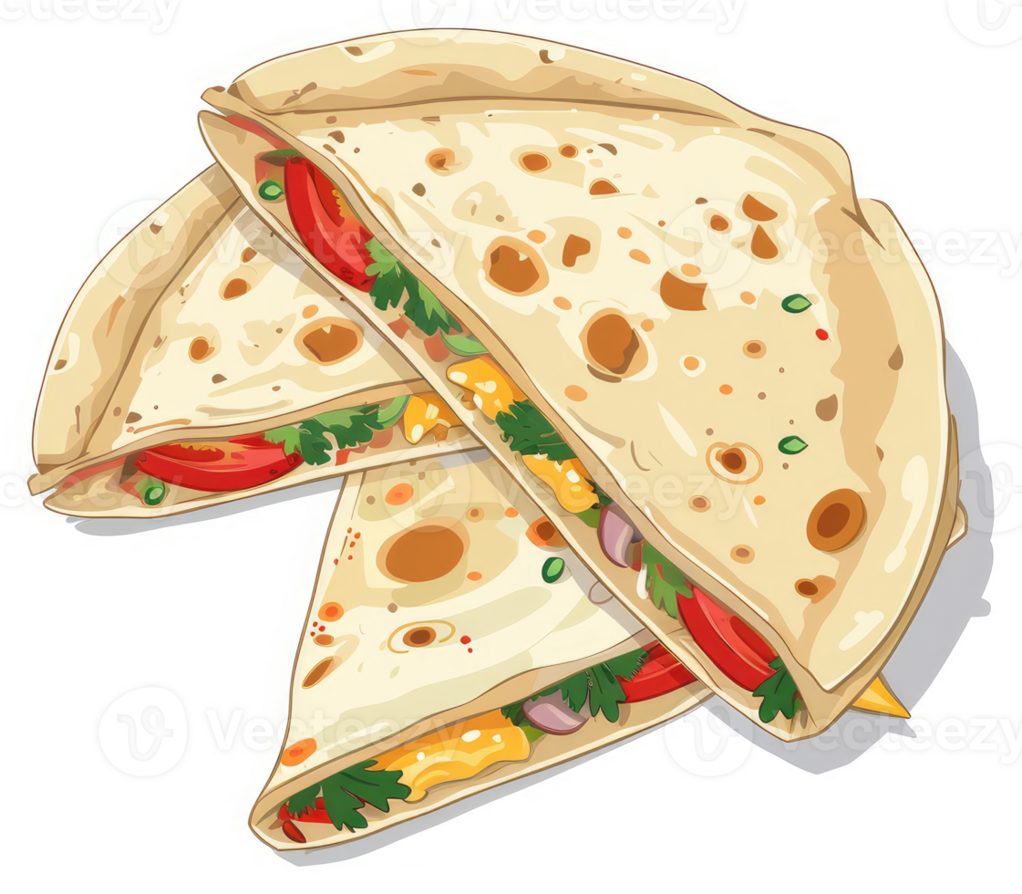 Two delicious quesadillas stacked high with savory fillings. png