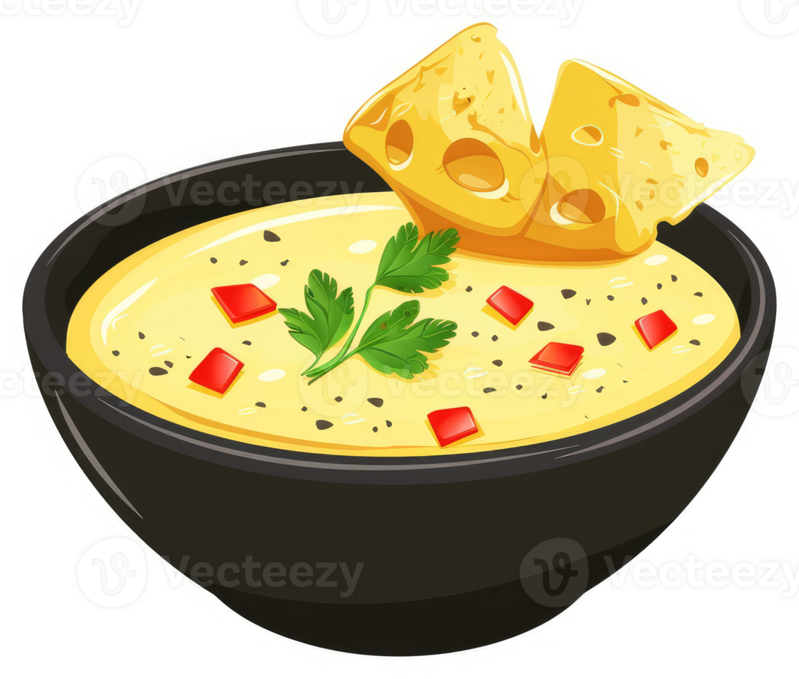 Creamy cheese soup with crispy cheese chips and garnishes. png