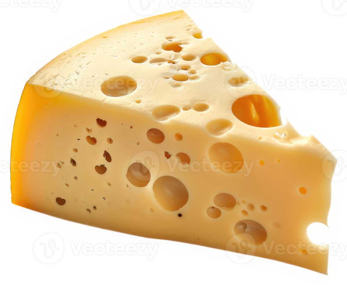A triangular wedge of swiss cheese, showcasing its characteristic holes. png