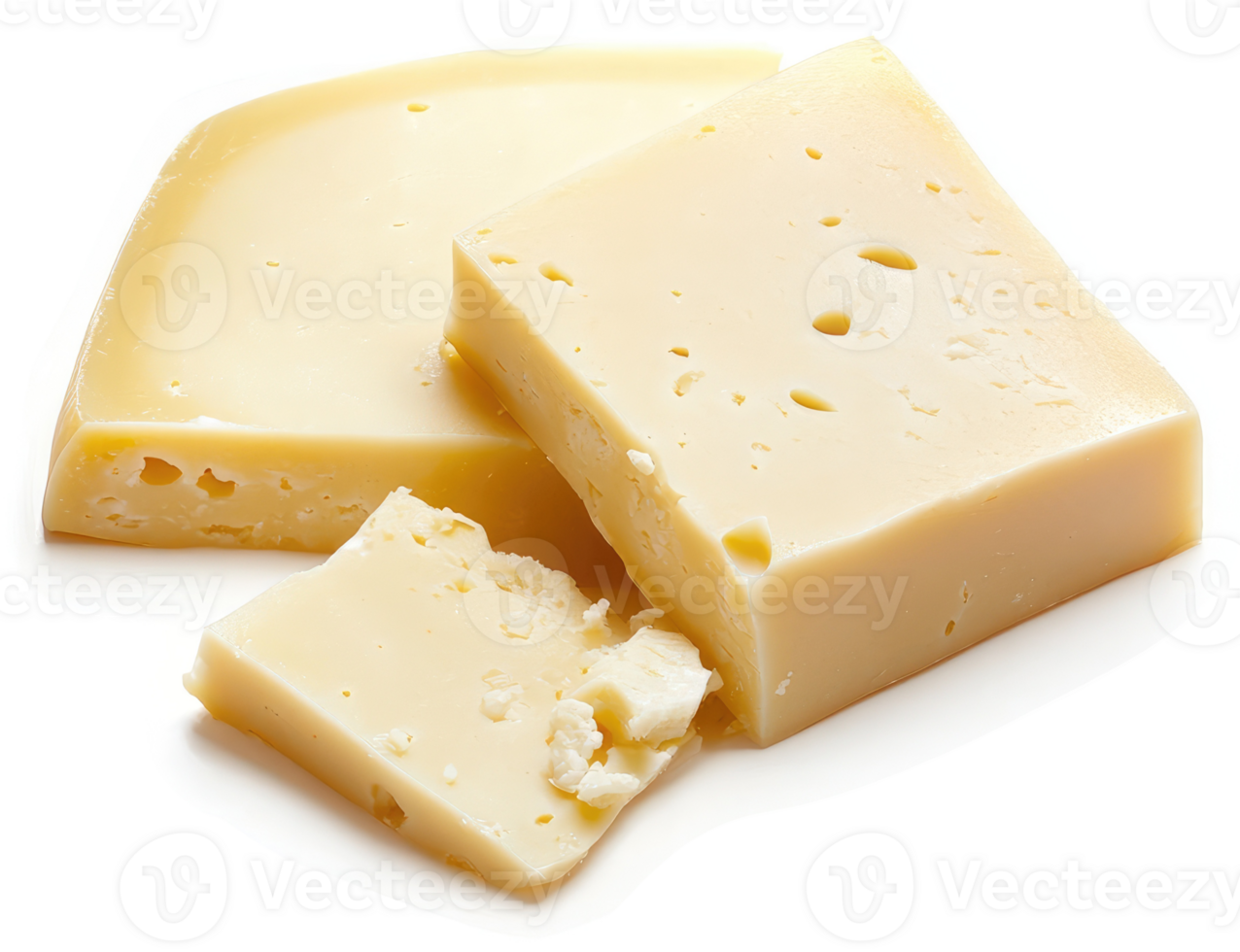 Three slices of pale yellow cheese, showing holes and a creamy texture. png