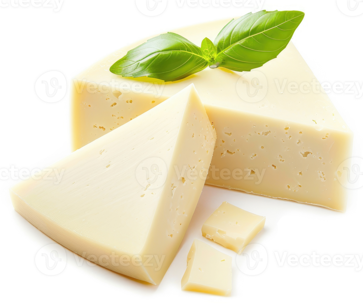 A close-up view of a wedge of pale yellow cheese with basil leaves. png
