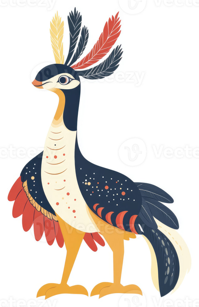 A stylized illustration of a colorful, ornamented bird. png