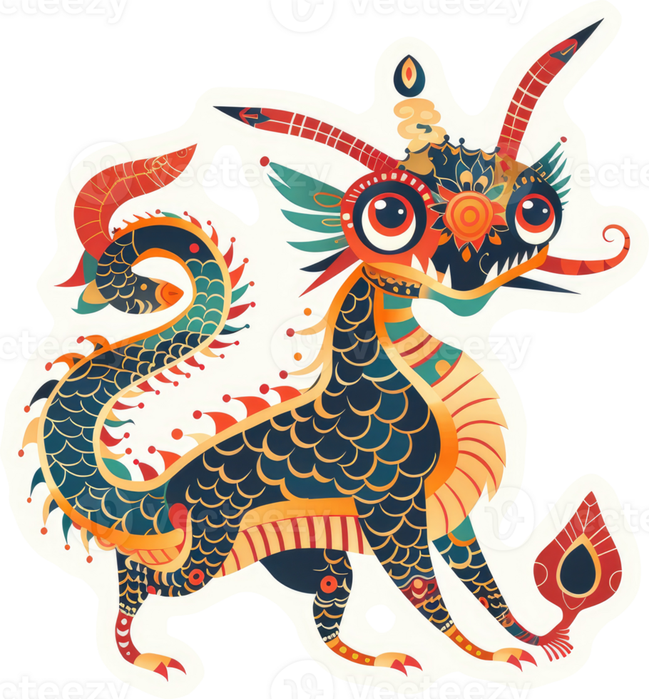 A vibrant, stylized dragon with intricate decorative scales and colorful accents. png