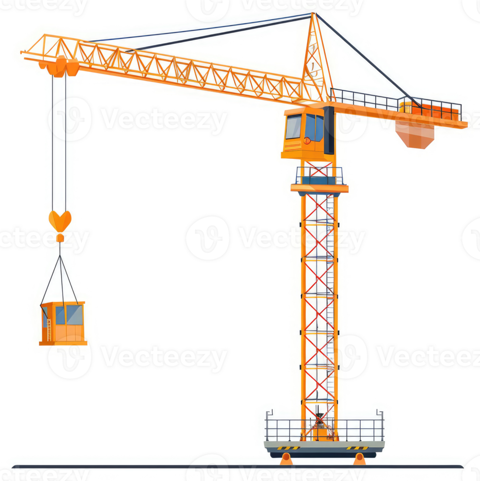 A large, orange construction crane with a long arm and a tall tower. png