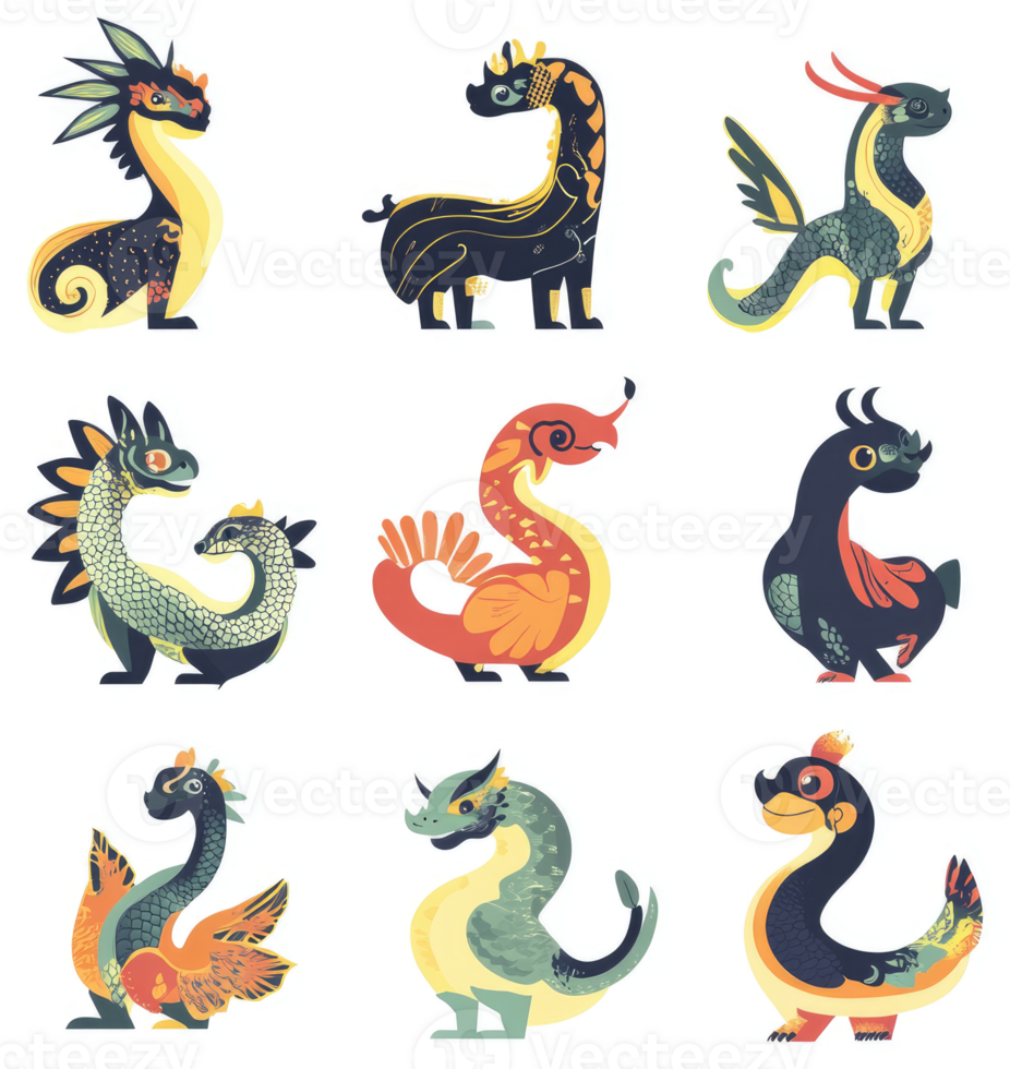 Nine colorful and stylized fantasy dragons in a grid pattern. png