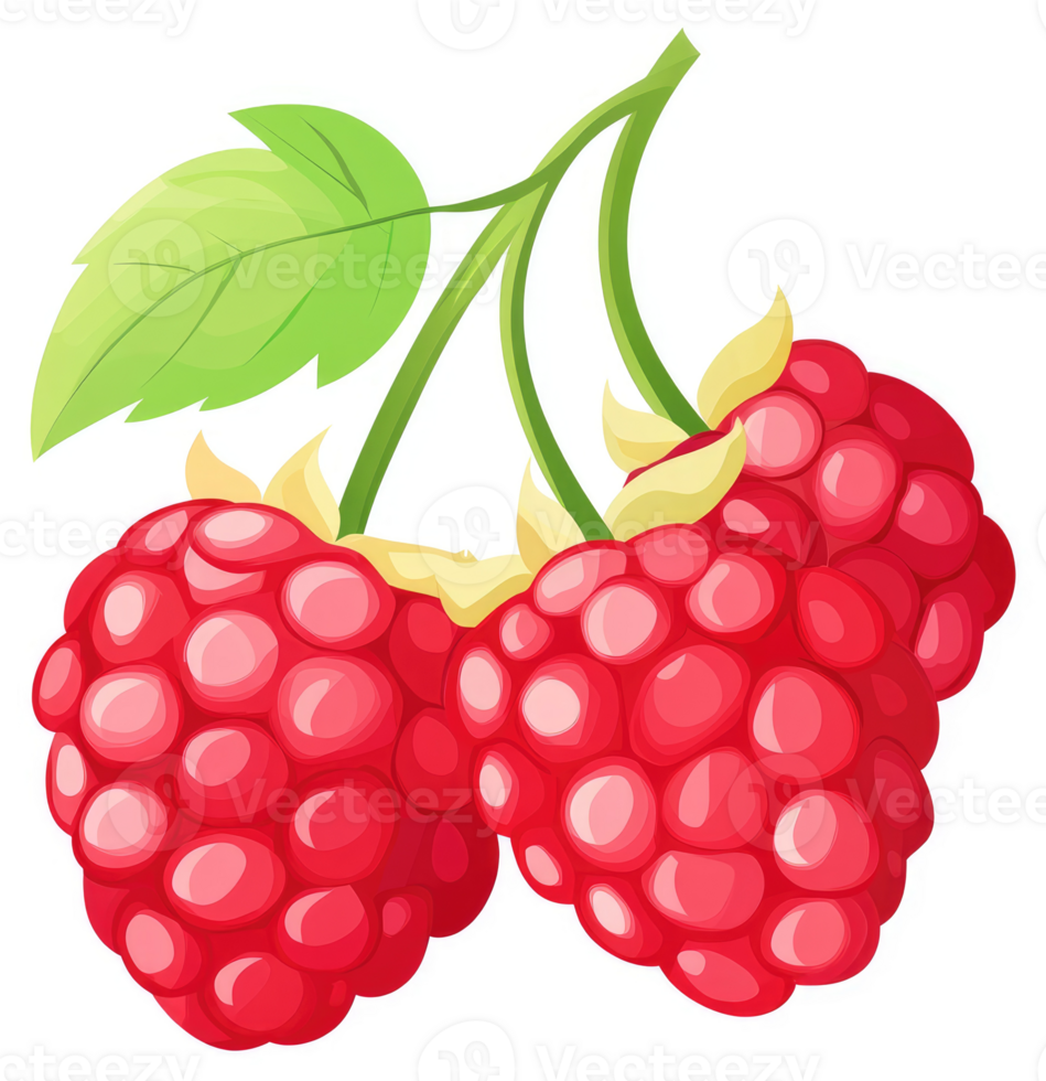 Two ripe raspberries on a stem with a leaf. png