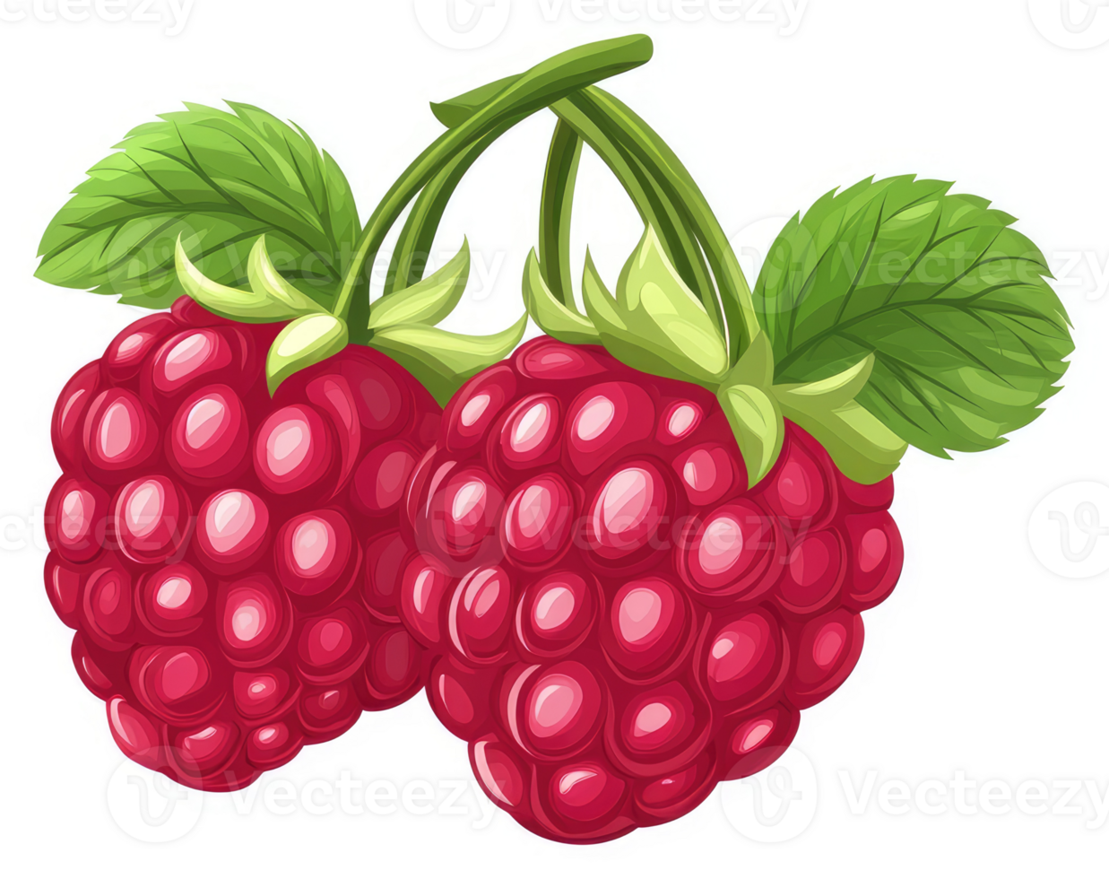Two plump raspberries with vibrant green leaves on a stem. png