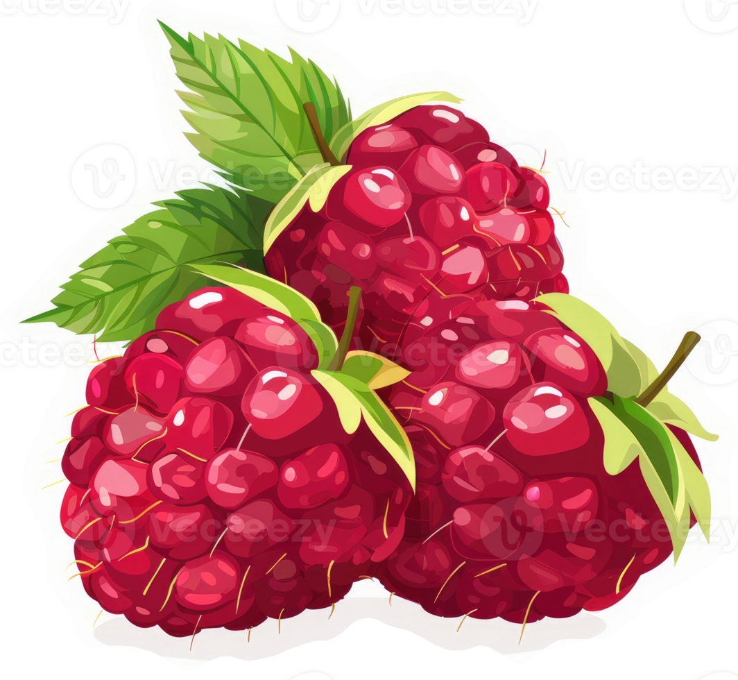 A vibrant display of plump, juicy raspberries with fresh leaves. png