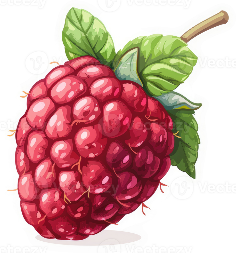 A vibrant illustration of a juicy raspberry with green leaves. png