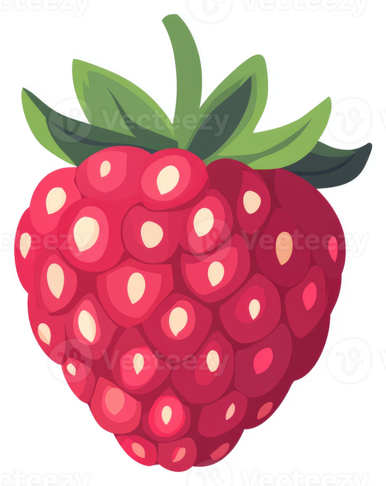 A vibrant illustration of a raspberry with green leaves. png