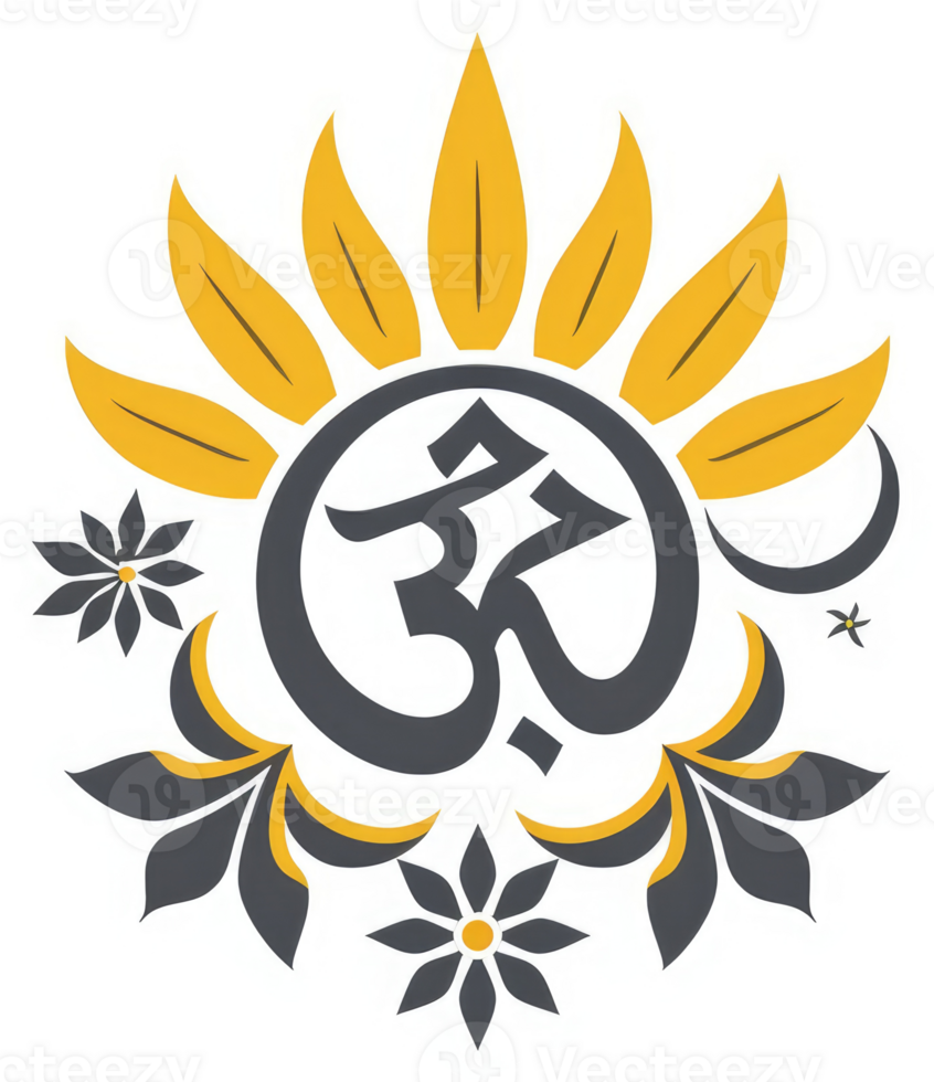 Ornate om symbol surrounded by floral design and sun rays. png