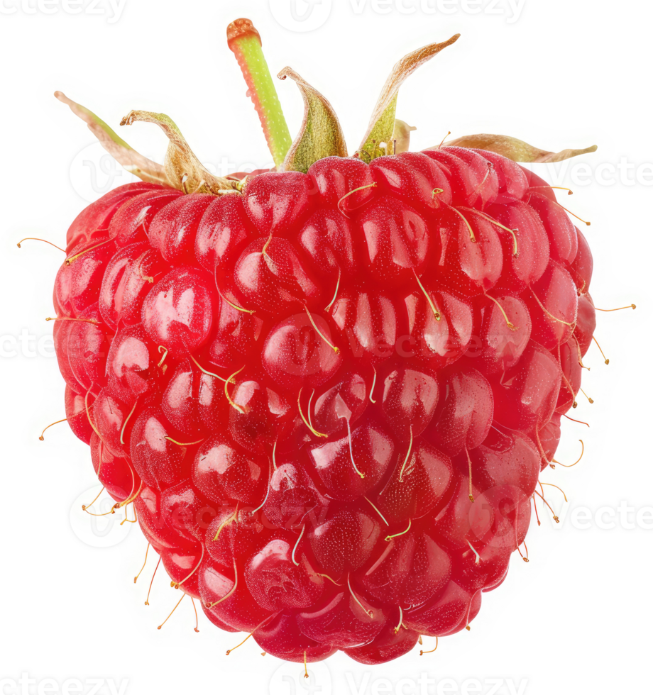 Close-up view of a single, ripe raspberry. png